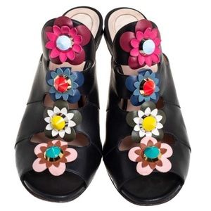Fendi Black Leather Floral Applique Mule Sandals